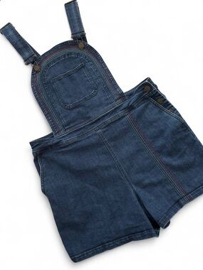 ModCloth Women’s Bib Overall Jean Shorts Embroidered Rainbow Stripes Sz 12 /Lg